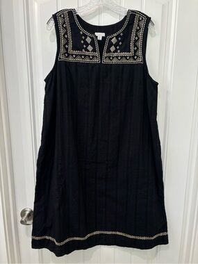 J. Jill Women’s Black Cotton Embroidered Sleeveless Shift Dress Size L Tall
